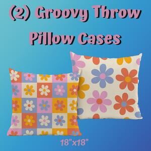2 Retro 70s Groovy Hippie Colorful Flower Checkered Throw Pillow Cover 18"x18"